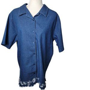 Vintage Bon Worth Embroidered Button-Front Denim Top Size Large Blue Stretch